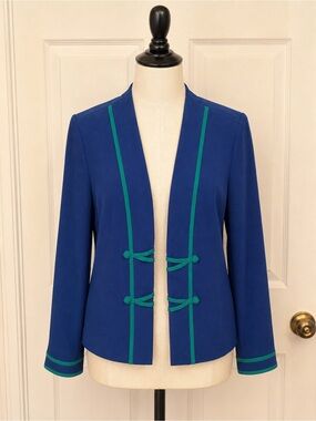 Royal Blue Open-Front Blazer with Teal Trim